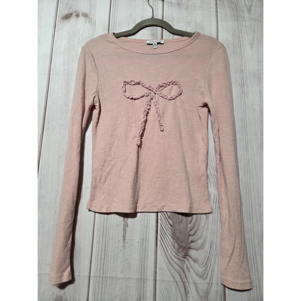 Pretty Garbage Shirt Womens Medium Pink Ribbed Bow Long Sleeve Knit Top